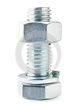 Bolt with nut and Grover washer on a white background. Isolated photo