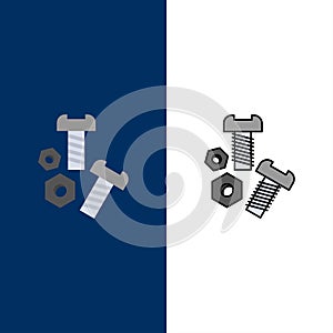 Bolt, Nut, Screw, Tools  Icons. Flat and Line Filled Icon Set Vector Blue Background