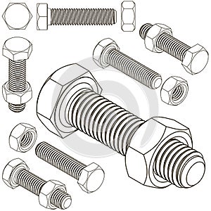 Bolt and nut set all view isometric