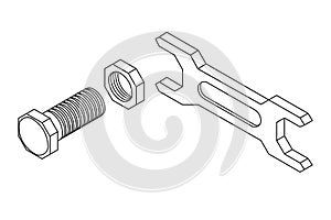 Bolt with nut and spanner. Outline drawing