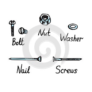 Bolt, nut, washer, nail and set, hand drawn doodle sketch in pop art style