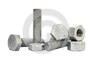 Bolt, stud and nut isolate on white background. Bolt and nut made from iron coated with zinc for protect corrode.