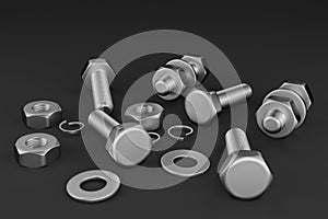 Bolts, nuts, washers, growers. 3D rendering