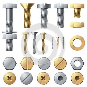 Bolts and screws. Washer nut hardware rivet and bolt. Chrome fasteners isolated vector set