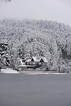 Bolu Golcuk National Park, lake wooden house on a snowy winter day in the forest in Turkey