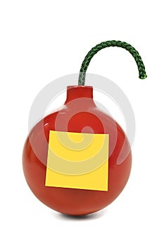 Red bomb with green wick on white