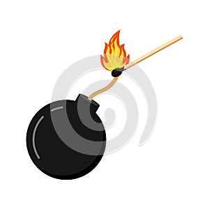 Bomb and burning match flat design icon isolated on white background.