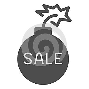 Bomb with burning wick and text sale solid icon, Black Friday concept, Black friday sale sign on white background