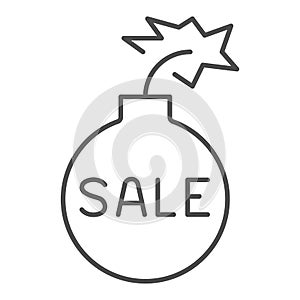Bomb with burning wick and text sale thin line icon, Black Friday concept, Black friday sale sign on white background