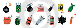 Bomb collection. Cartoon TNT explosive weapon, bombs dynamite grenade missile mine and nuclear bomb doodle game asset
