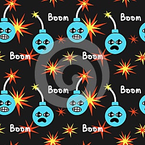 Bomb comic explosion seamless pattern. Black round dynamite detonation, doodle style, vector cartoon hand drawn color isolated