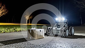 Bomb disposal robot approaching suspicious package at night
