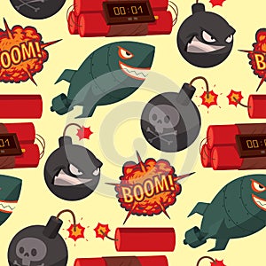 Bomb dynamite fuse vector seamless pattern background illustration grenade attack power ball burning detonation