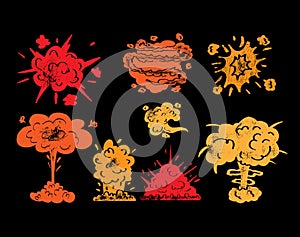 Bomb explosion clouds vector illustration. Cartoon boom effect and smoke elements