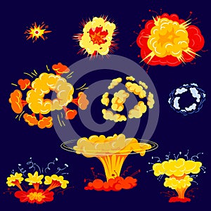 Bomb Explosion Isolated Icons Set. Dynamite Danger Explosive Detonation and Atomic Comics Clouds