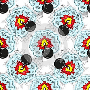 Bomb explosion pop art comic seamless pattern