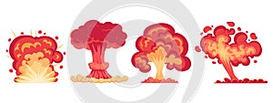 Bomb explosions. Cartoon fire burning clouds, danger dynamite detonation, fire blast flat vector illustrations set