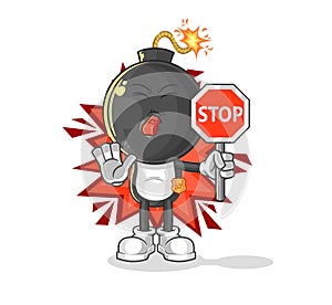 Bomb head holding stop sign. cartoon mascot vector