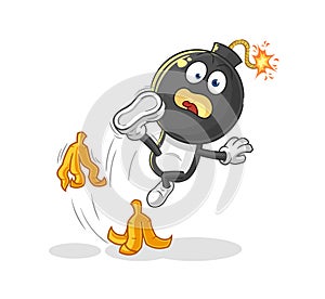 Bomb head slipped on banana. cartoon mascot vector