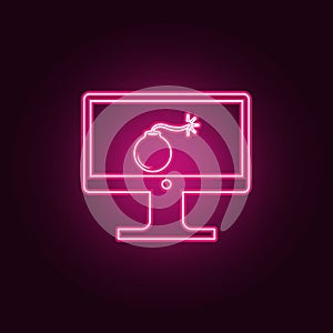 bomb on the monitor icon. Elements of cyber security in neon style icons. Simple icon for websites, web design, mobile app, info