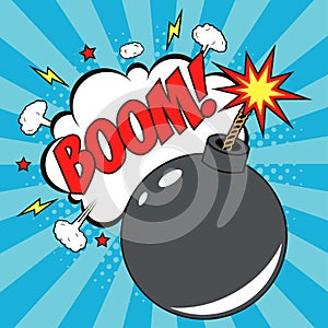 Bomb in pop art style and comic speech bubble with text - BOOM. Cartoon dynamite at background with dots halftone and sunburst.