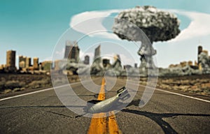 Bomb on the road. Background a nuclear explosion.