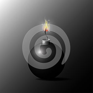 Bomb sign. Cannon ball. Cartoon style. Isolated object. Black gradientary background. Vector illustration. Stock image.