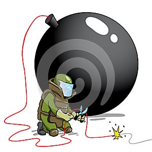 Bomb squad defusing big burning bomb