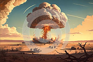 bomb vaporizing everything within a 3-mile radius, with shockwave and mushroom cloud visible in the background