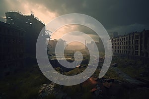 Bombarded abandoned city. Generative AI
