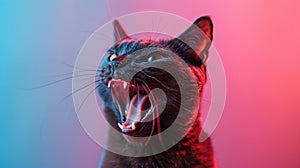 Bombay, angry cat baring its teeth, studio lighting pastel background
