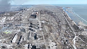 Bombed Mariupol aerial view. Bombed city in Ukraine.