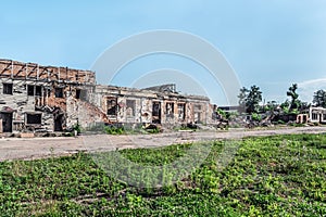 Bombed ruins of buildings on the Ploshcha 40-Yi Armiyi square in Trostianets