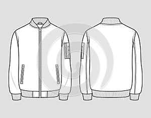 Bomber jacket. Men`s casual clothing. Vector technical sketch. Mockup template