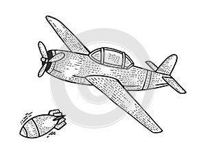 Bomber plane drops bomb sketch engraving vector
