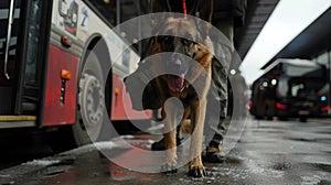 Bombsniffing dogs patrolling a bus terminal trained to detect any explosives that may pose a threat. photo