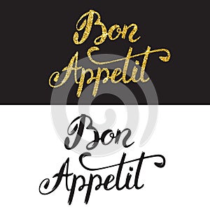 Bon appetit. Hand drawn lettering with golden style isolated