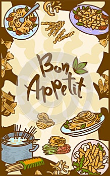 Bon appetit italian pasta concept banner, hand drawn style