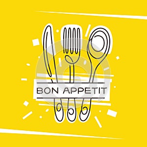 Bon Appetit kitchen monoline style poster. Vector illustration. photo