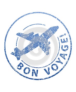 Bon voyage blue grunge rubber stamp with airplane.