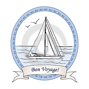 Bon Voyage greeting vintage card. Cruise label with Ship