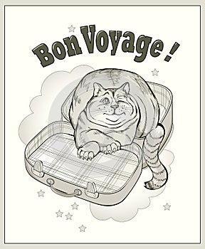Bon voyage. Have a nice trip. Greeting card. Illustration of funny cat dreaming about of travel. Hand-drawn digital vector image