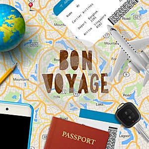 Bon voyage, planning vacation trip with map photo