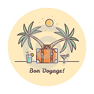 Bon Voyage. Suitcase and palm trees. Vector illustration.