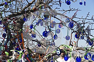 Boncuk charms hanging from tree branches in Cappadocia photo