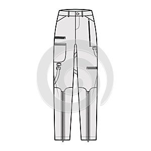 Bondage pants technical fashion illustration with low waist, rise, pockets, belt loops, full lengths Flat bottom apparel