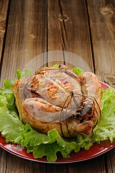 Bondage shibari roasted chicken with salad leaves on red plate o