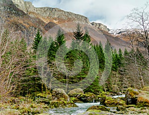 Bondhusdalen Valley near the village of Sunndal, the Bondhuselva River in the background of the mountains, Norway