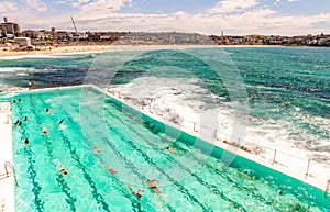 Bondi Beach, Sydney. Ocean with with people swimming