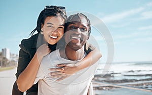 Bonding couple, portrait or piggyback by beach, ocean or sea in relax mock up holiday, love vacation or summer travel